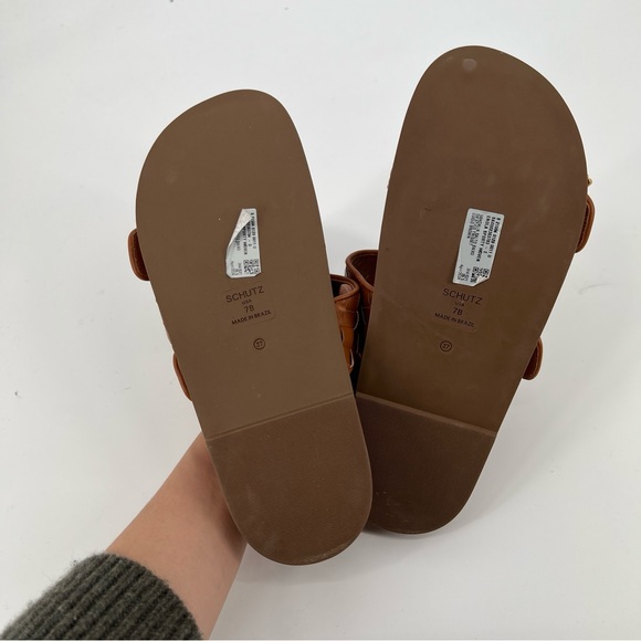 Schutz Enola Sporty Leather Brown Double Buckle Slip On Resortwear Sandals 7 - Picture 5 of 6